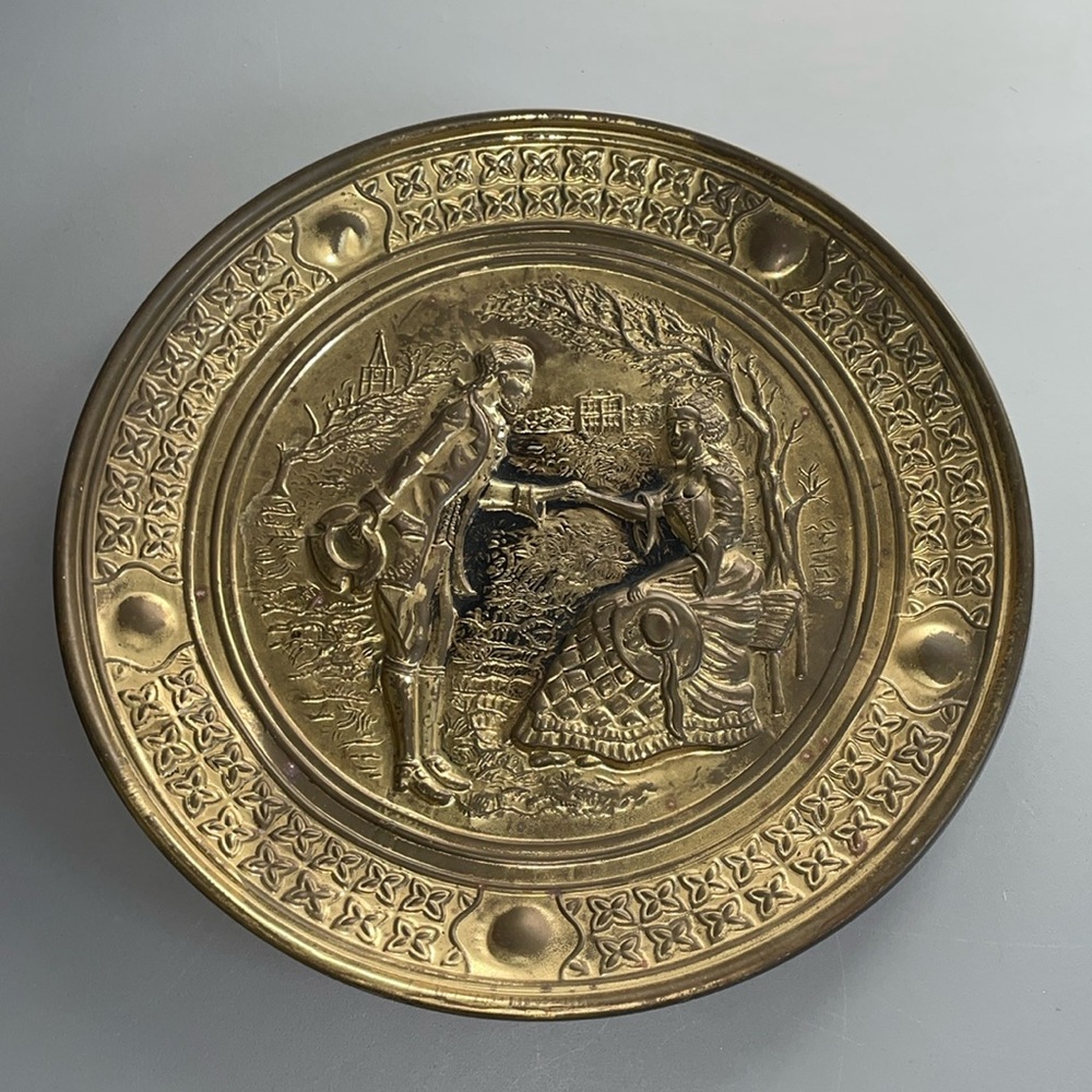 Brass Wall Plaque Decorative Embossed Design Vintage England 13.5” Metal Decor